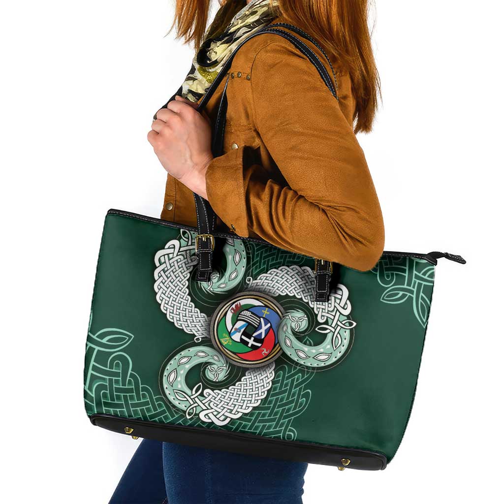 Six Celtic Countries Heritage Leather Tote Bag Green Celtic Knot Triskelion - Wonder Print Shop