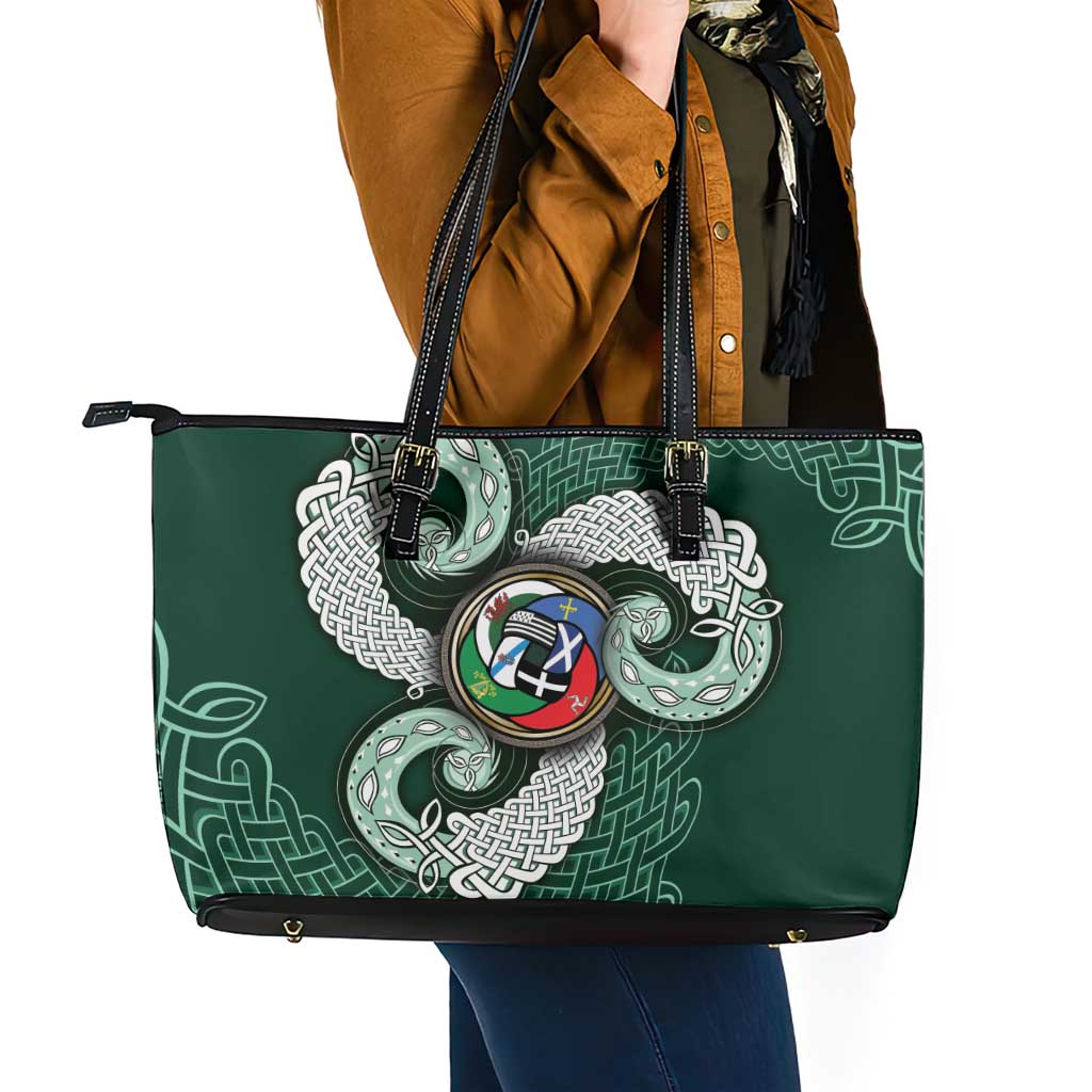Six Celtic Countries Heritage Leather Tote Bag Green Celtic Knot Triskelion - Wonder Print Shop