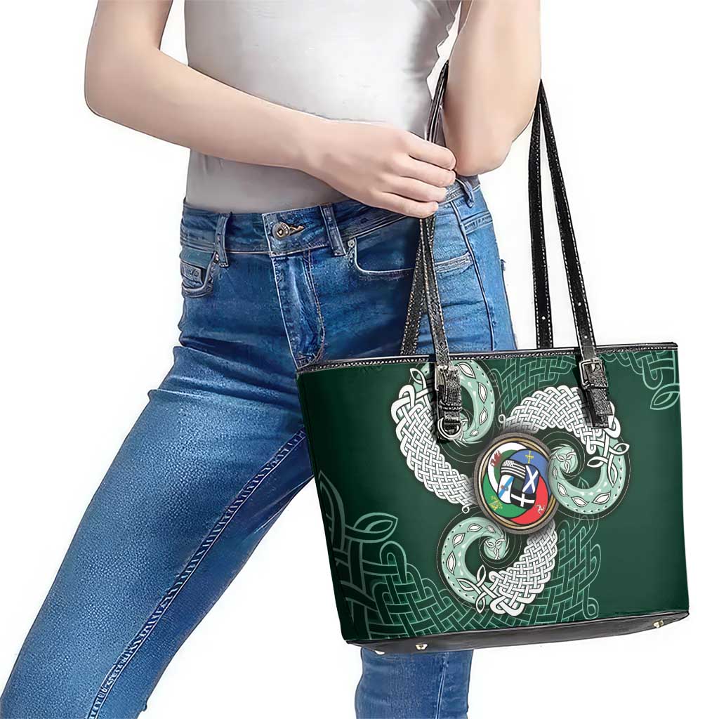 Six Celtic Countries Heritage Leather Tote Bag Green Celtic Knot Triskelion - Wonder Print Shop