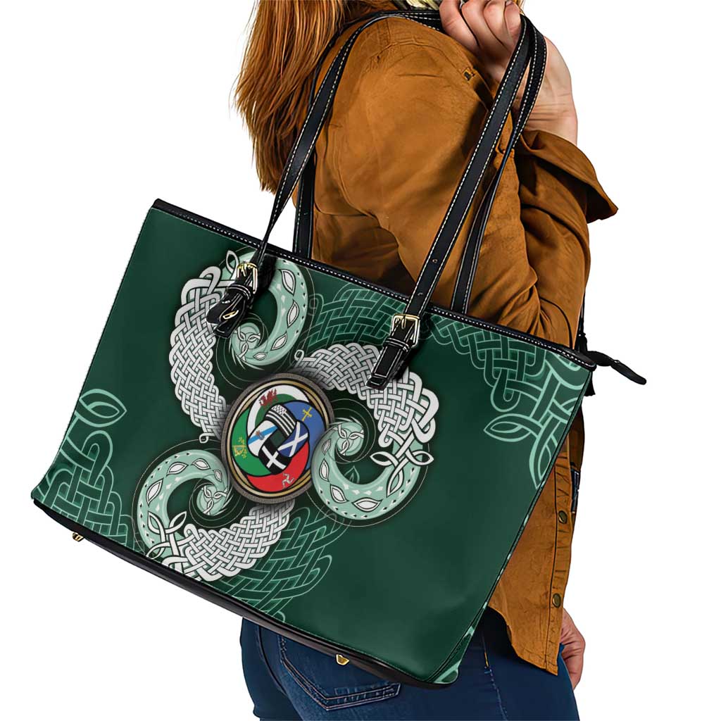 Six Celtic Countries Heritage Leather Tote Bag Green Celtic Knot Triskelion - Wonder Print Shop
