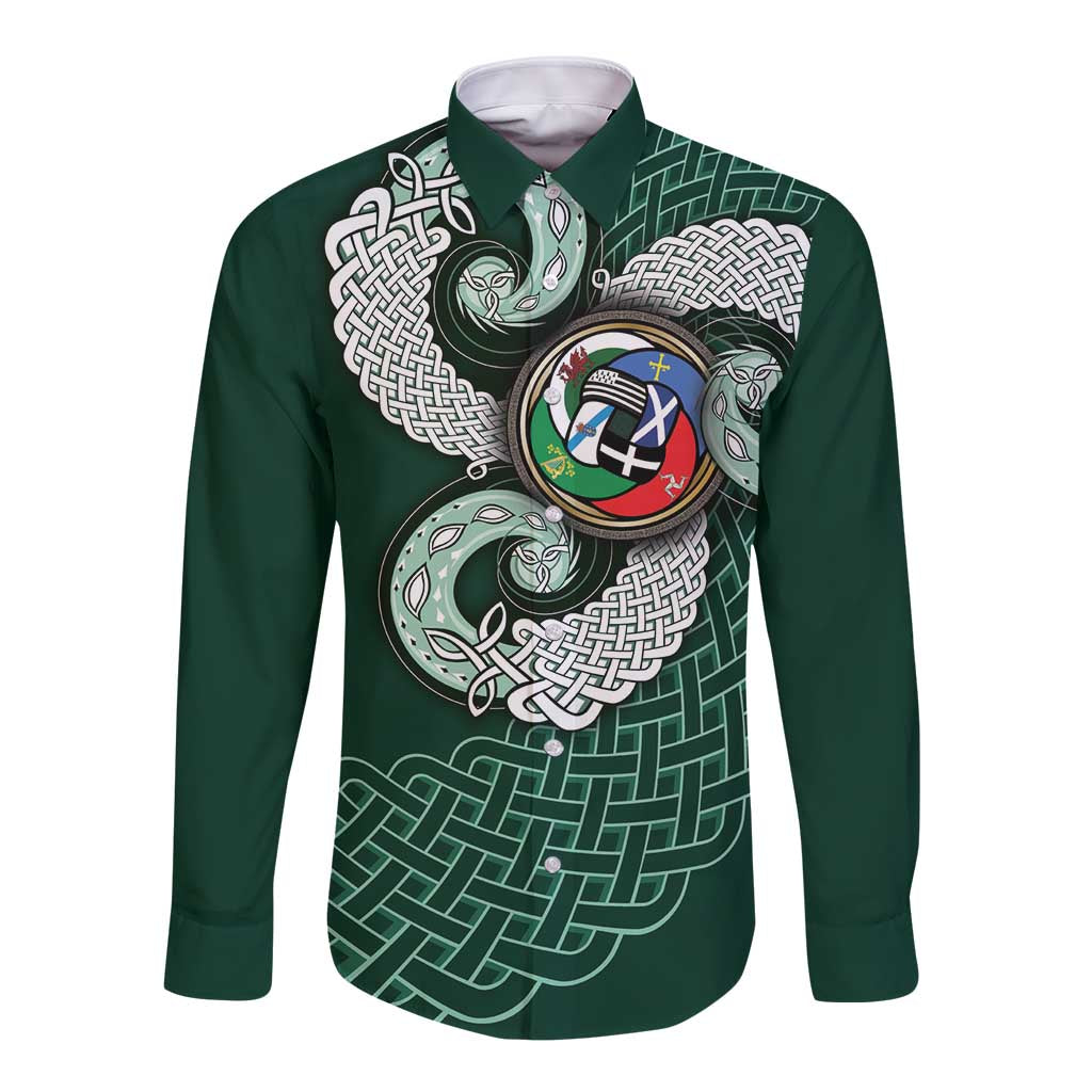 Six Celtic Countries Heritage Long Sleeve Button Shirt Green Celtic Knot Triskelion - Wonder Print Shop