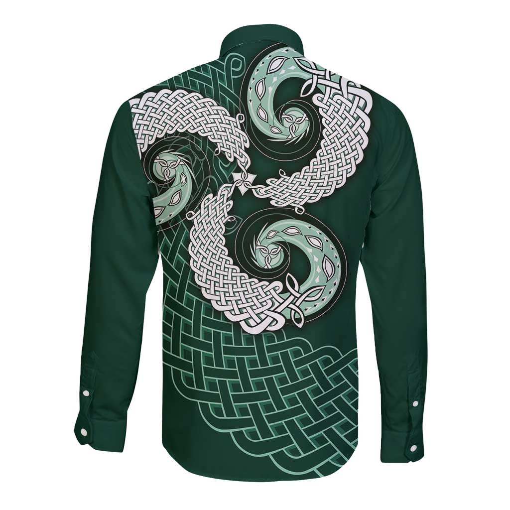 Six Celtic Countries Heritage Long Sleeve Button Shirt Green Celtic Knot Triskelion - Wonder Print Shop
