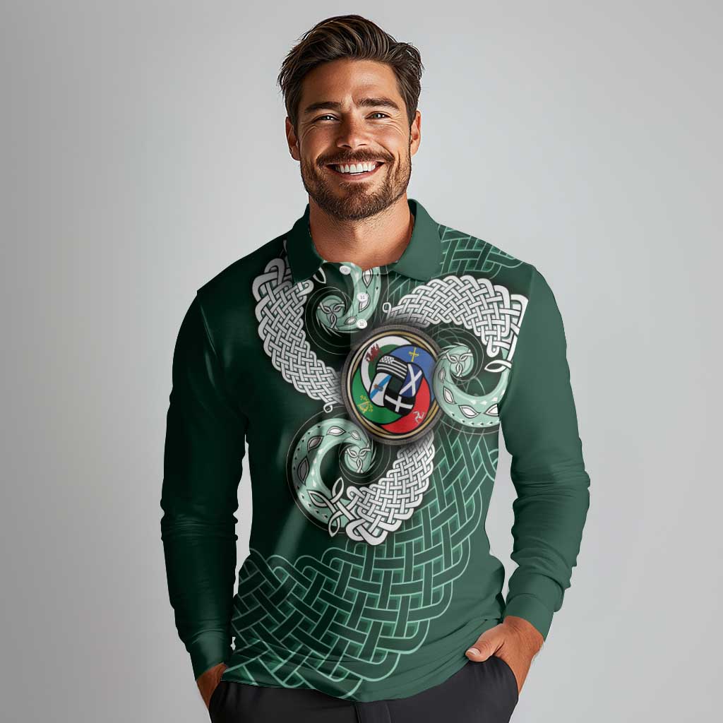 Six Celtic Countries Heritage Long Sleeve Polo Shirt Green Celtic Knot Triskelion - Wonder Print Shop
