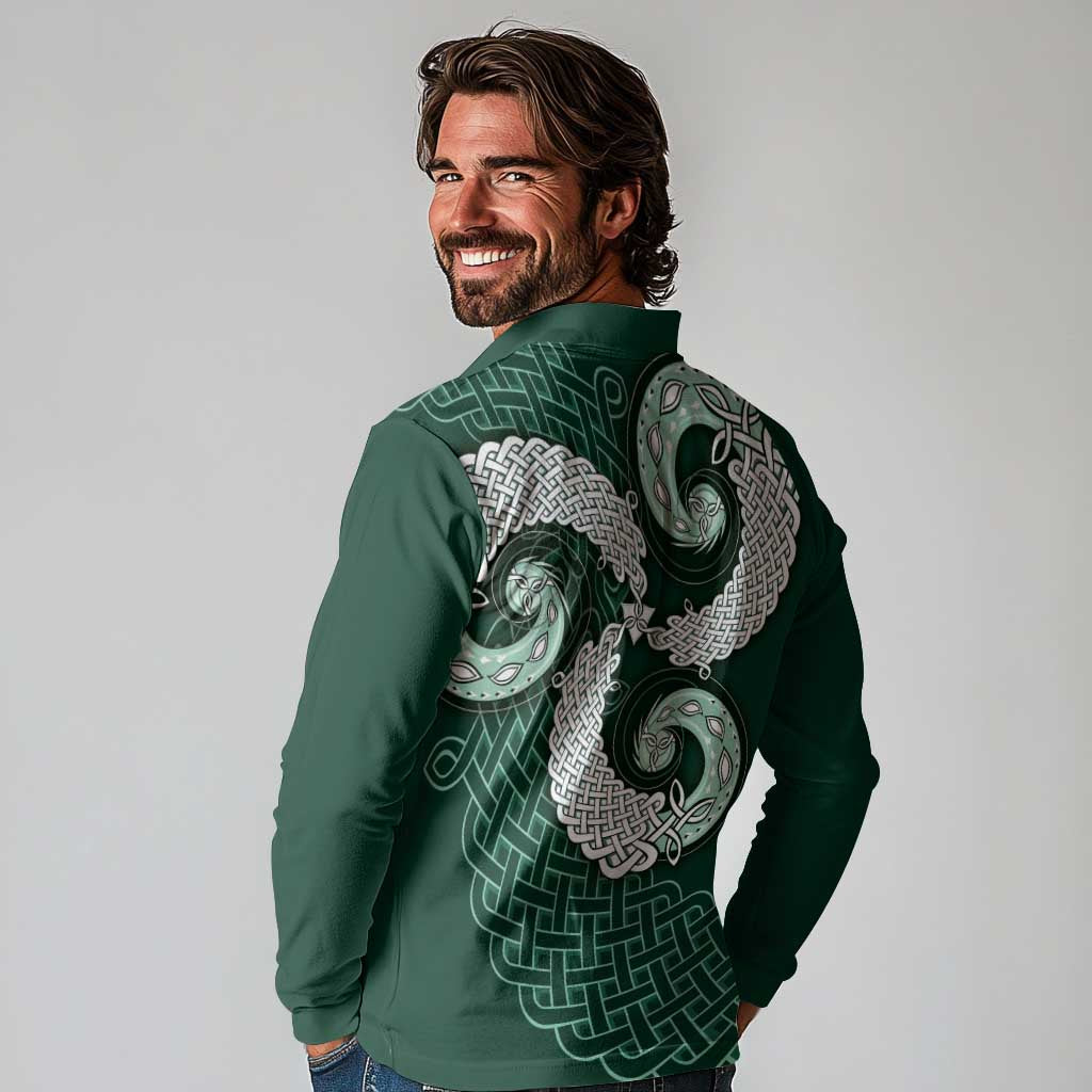 Six Celtic Countries Heritage Long Sleeve Polo Shirt Green Celtic Knot Triskelion - Wonder Print Shop