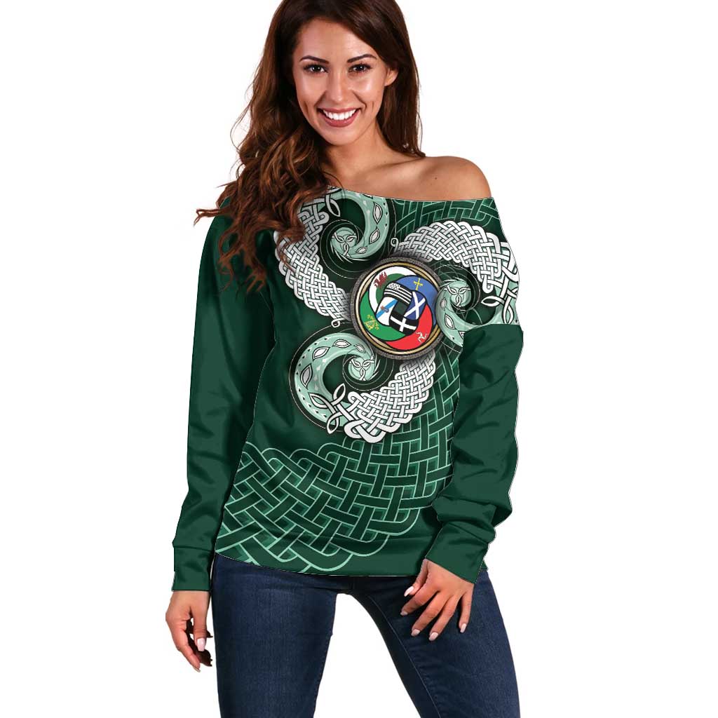 Six Celtic Countries Heritage Off Shoulder Sweater Green Celtic Knot Triskelion - Wonder Print Shop