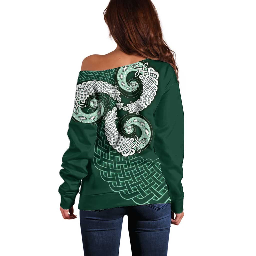 Six Celtic Countries Heritage Off Shoulder Sweater Green Celtic Knot Triskelion - Wonder Print Shop