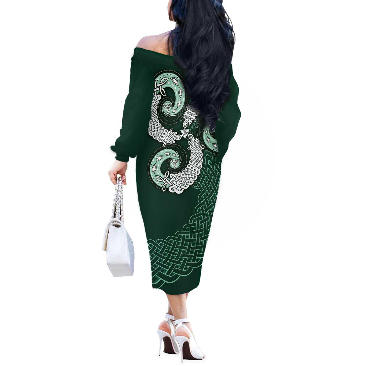 Six Celtic Countries Heritage Off The Shoulder Long Sleeve Dress Green Celtic Knot Triskelion - Wonder Print Shop