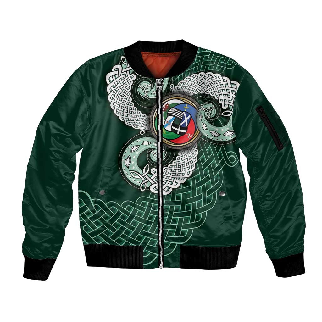 Six Celtic Countries Heritage Sleeve Zip Bomber Jacket Green Celtic Knot Triskelion - Wonder Print Shop