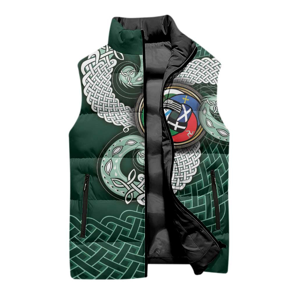 Six Celtic Countries Heritage Sleeveless Puffer Jacket Green Celtic Knot Triskelion - Wonder Print Shop