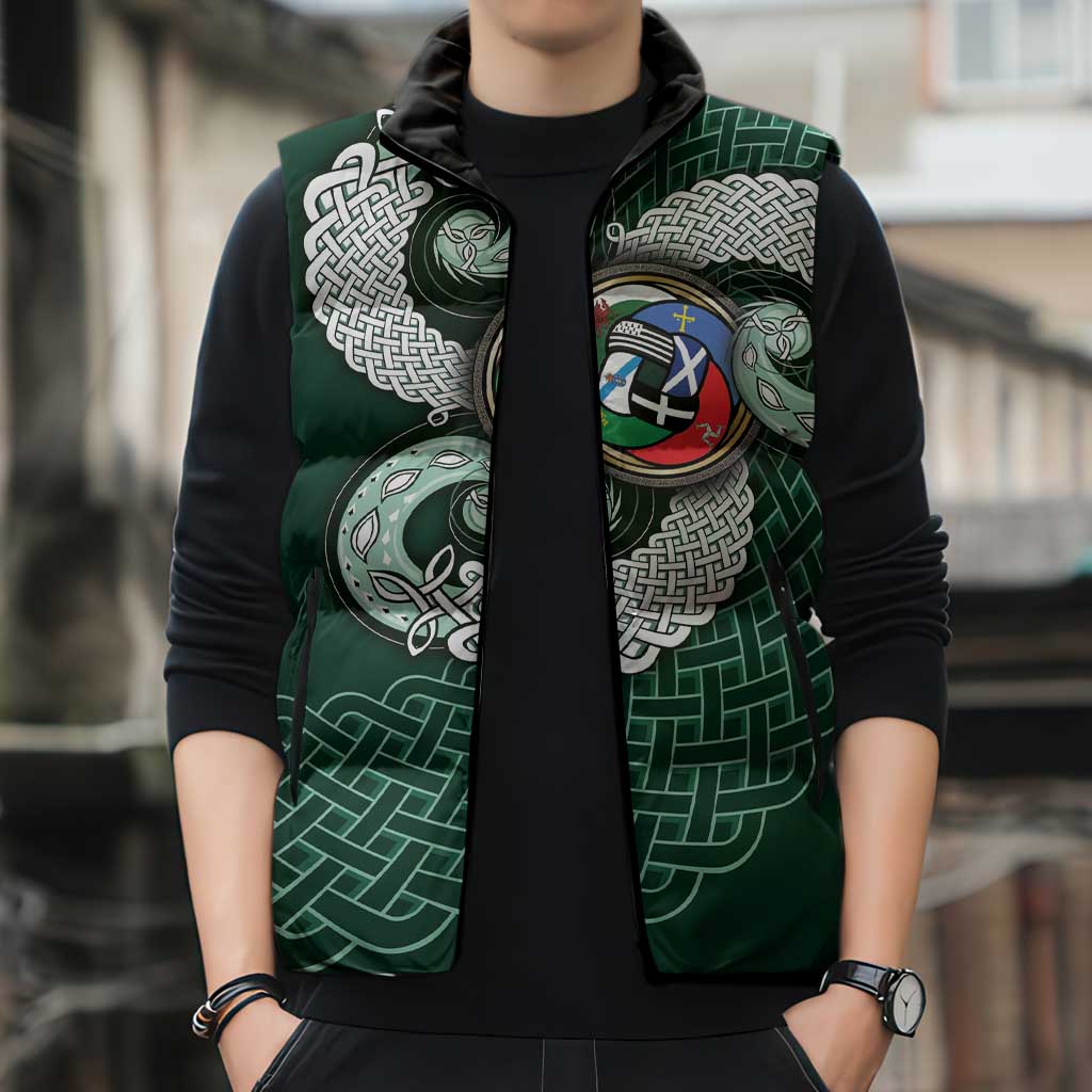 Six Celtic Countries Heritage Sleeveless Puffer Jacket Green Celtic Knot Triskelion - Wonder Print Shop