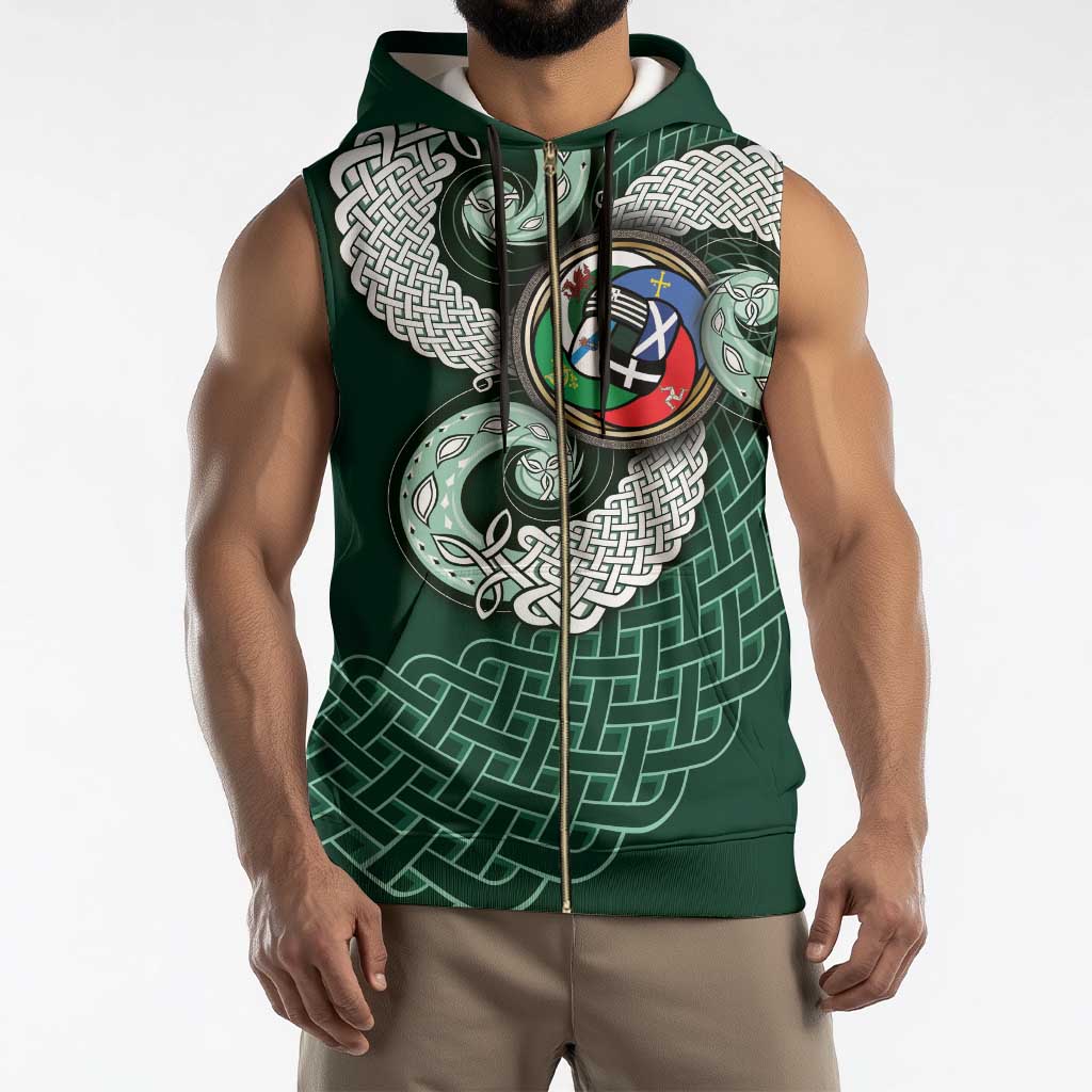 Six Celtic Countries Heritage Sleeveless Zip Hoodie Green Celtic Knot Triskelion - Wonder Print Shop