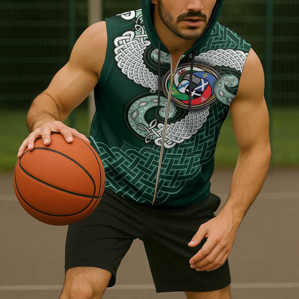 Six Celtic Countries Heritage Sleeveless Zip Hoodie Green Celtic Knot Triskelion - Wonder Print Shop