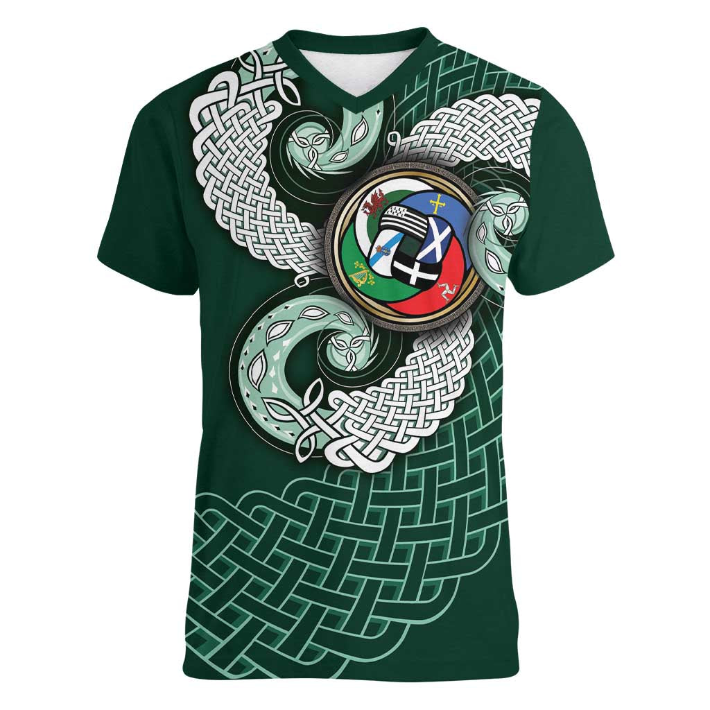 Six Celtic Countries Heritage Women V-Neck T-Shirt Green Celtic Knot Triskelion - Wonder Print Shop