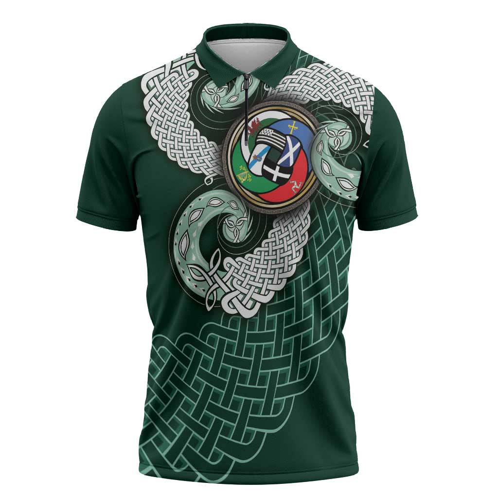 Six Celtic Countries Heritage Zipper Polo Shirt Green Celtic Knot Triskelion - Wonder Print Shop