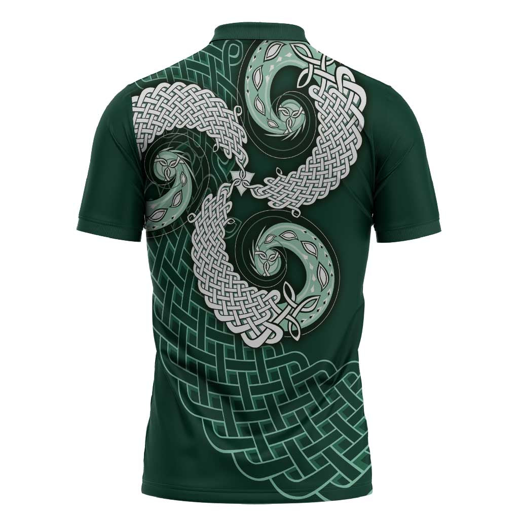 Six Celtic Countries Heritage Zipper Polo Shirt Green Celtic Knot Triskelion - Wonder Print Shop