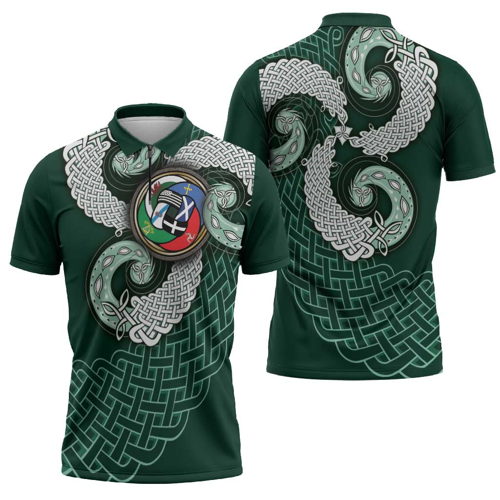 Six Celtic Countries Heritage Zipper Polo Shirt Green Celtic Knot Triskelion - Wonder Print Shop