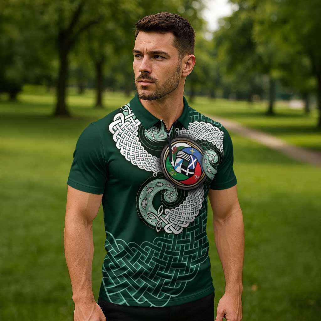 Six Celtic Countries Heritage Zipper Polo Shirt Green Celtic Knot Triskelion - Wonder Print Shop