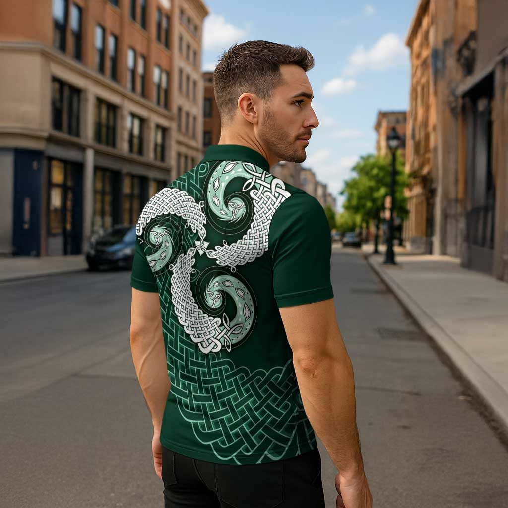 Six Celtic Countries Heritage Zipper Polo Shirt Green Celtic Knot Triskelion - Wonder Print Shop