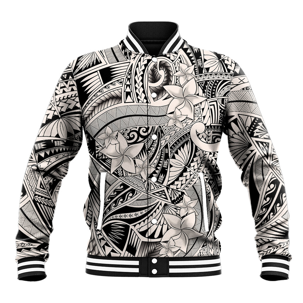 Polynesia Baseball Jacket Tribal Polynesian Spirit With Beige Pacific Flowers LT9 - Wonder Print Shop