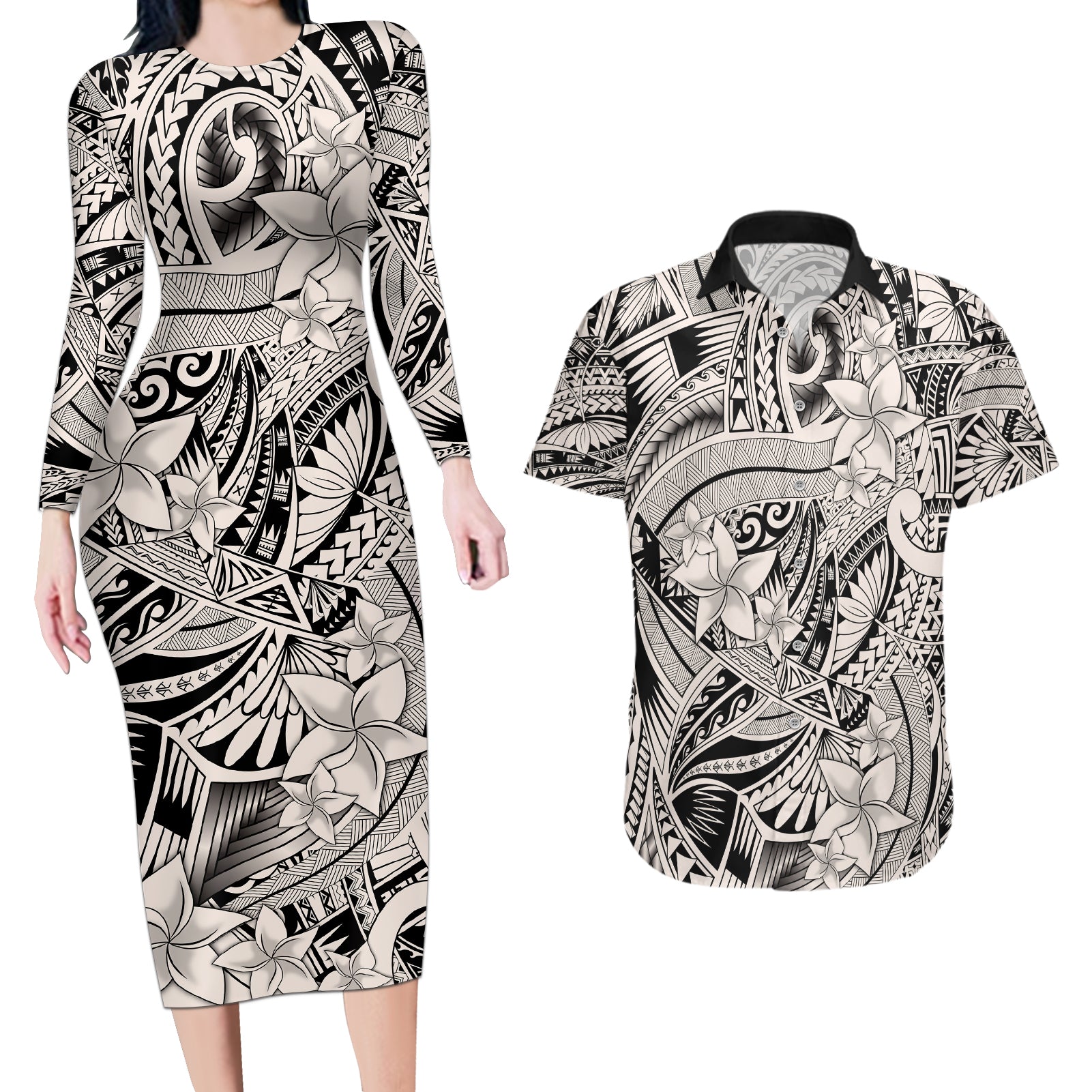 Polynesia Couples Matching Long Sleeve Bodycon Dress and Hawaiian Shirt Tribal Polynesian Spirit With Beige Pacific Flowers LT9 - Wonder Print Shop