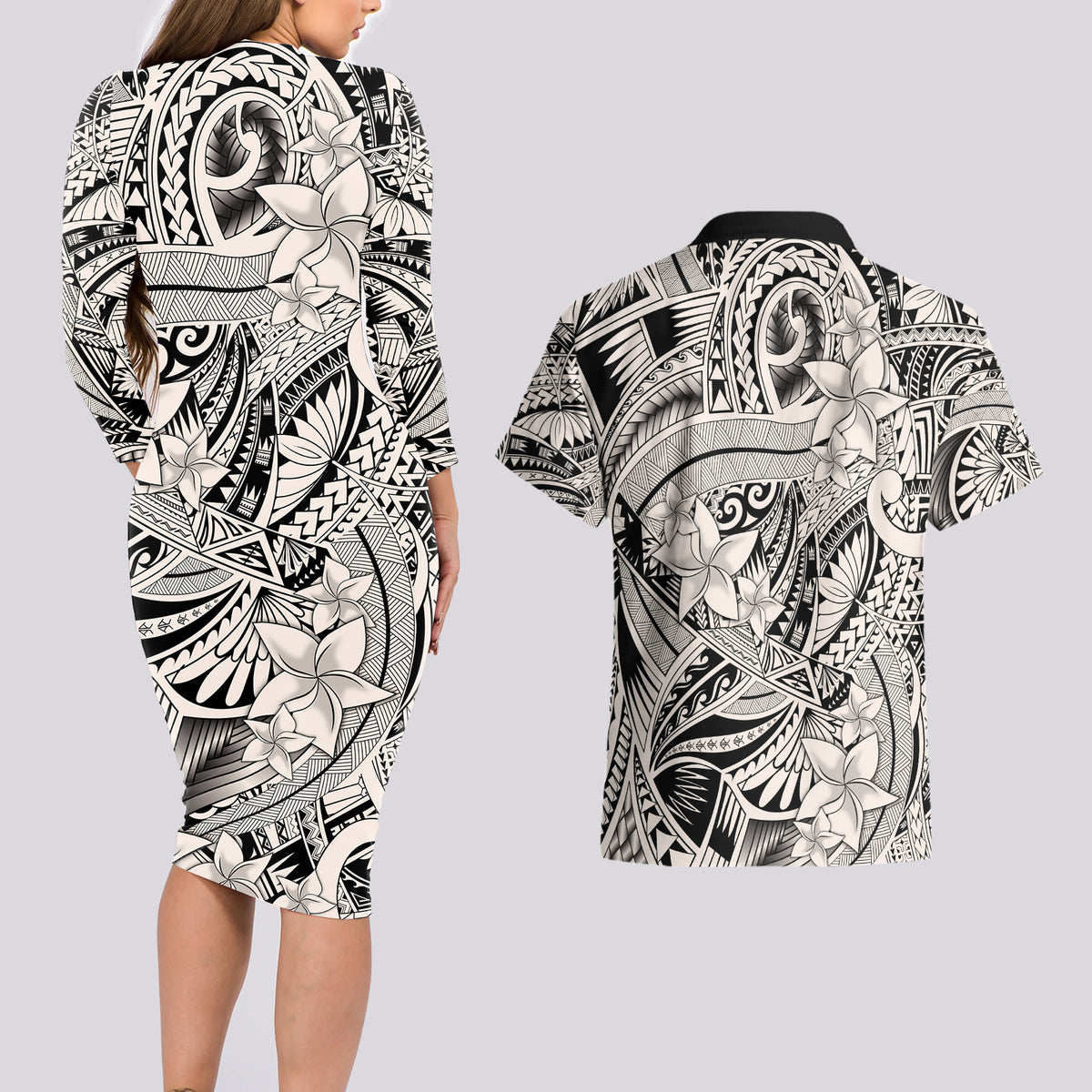Polynesia Couples Matching Long Sleeve Bodycon Dress and Hawaiian Shirt Tribal Polynesian Spirit With Beige Pacific Flowers LT9 - Wonder Print Shop