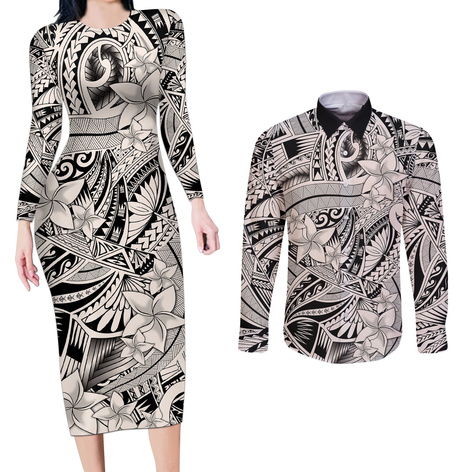 Polynesia Couples Matching Long Sleeve Bodycon Dress and Long Sleeve Button Shirt Tribal Polynesian Spirit With Beige Pacific Flowers LT9 - Wonder Print Shop