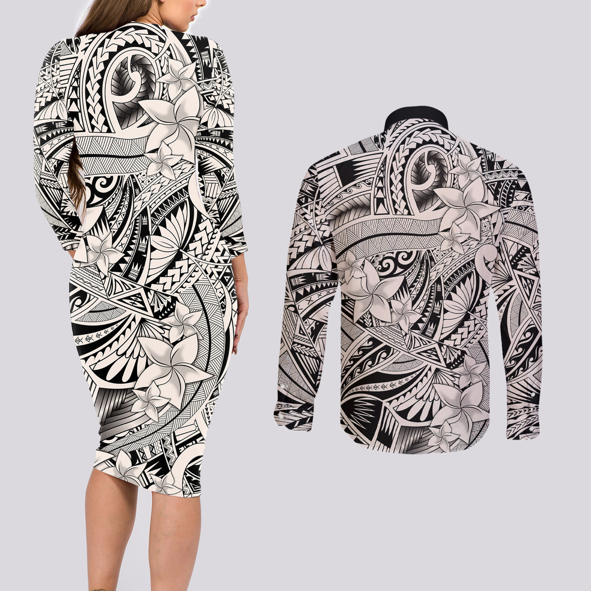 Polynesia Couples Matching Long Sleeve Bodycon Dress and Long Sleeve Button Shirt Tribal Polynesian Spirit With Beige Pacific Flowers LT9 - Wonder Print Shop