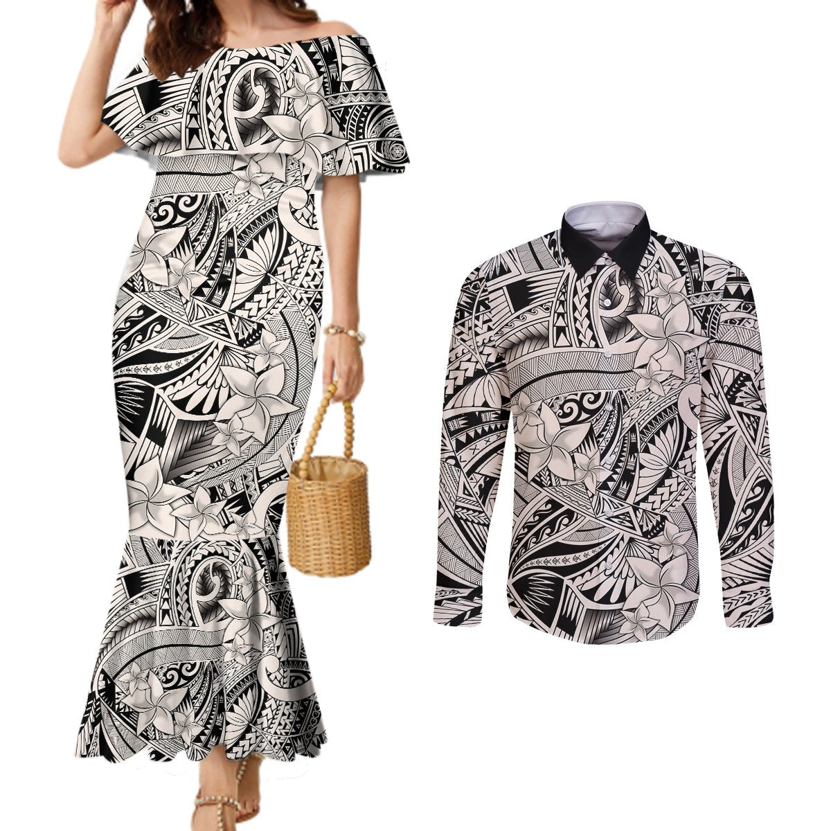 polynesia-couples-matching-mermaid-dress-and-long-sleeve-button-shirt-tribal-polynesian-spirit-with-biege-pacific-flowers