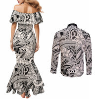 polynesia-couples-matching-mermaid-dress-and-long-sleeve-button-shirt-tribal-polynesian-spirit-with-biege-pacific-flowers