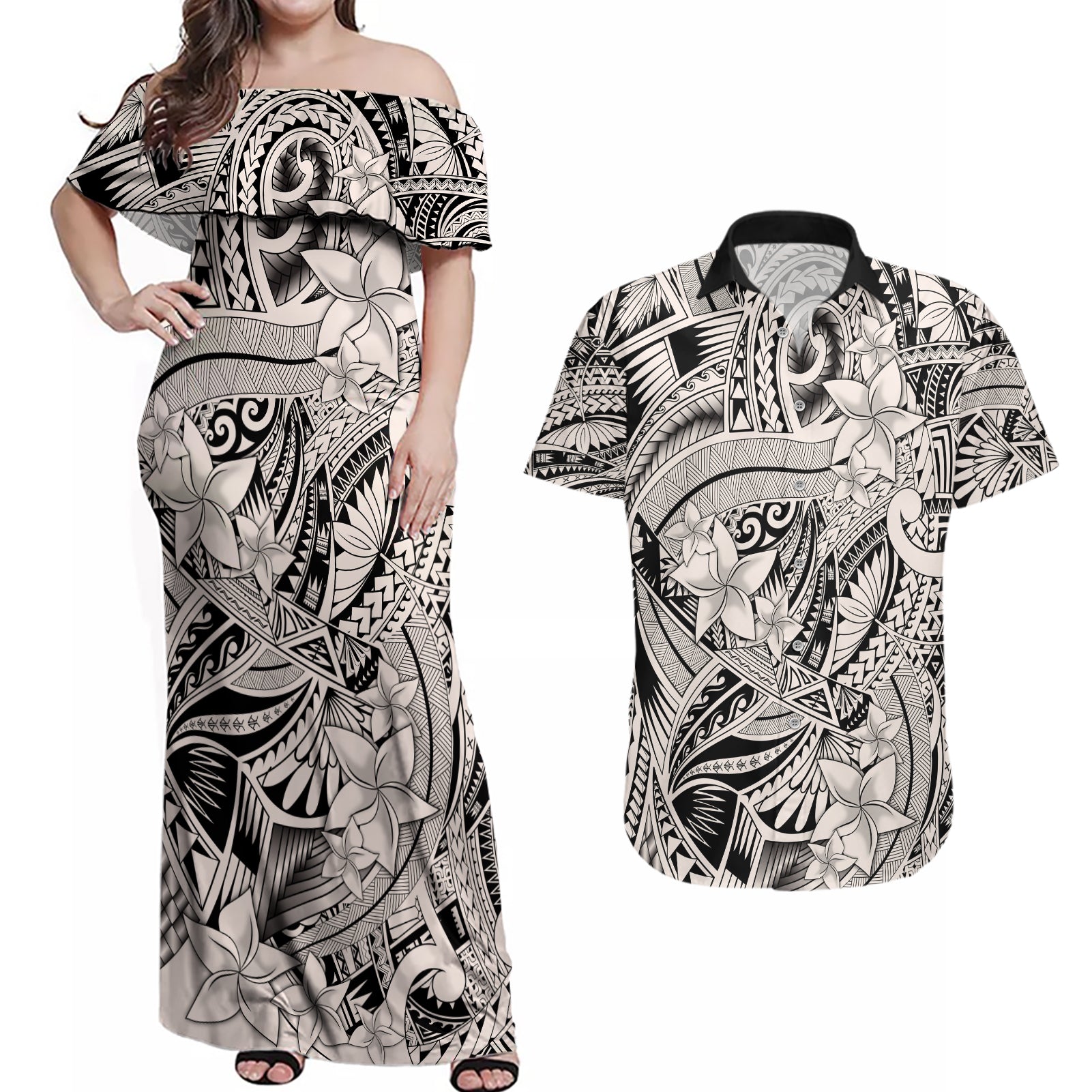 Polynesia Couples Matching Off Shoulder Maxi Dress and Hawaiian Shirt Tribal Polynesian Spirit With Beige Pacific Flowers LT9 - Wonder Print Shop