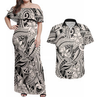 Polynesia Couples Matching Off Shoulder Maxi Dress and Hawaiian Shirt Tribal Polynesian Spirit With Beige Pacific Flowers LT9 - Wonder Print Shop
