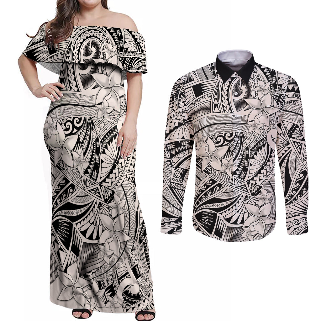 Polynesia Couples Matching Off Shoulder Maxi Dress and Long Sleeve Button Shirt Tribal Polynesian Spirit With Beige Pacific Flowers LT9 - Wonder Print Shop