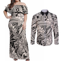 Polynesia Couples Matching Off Shoulder Maxi Dress and Long Sleeve Button Shirt Tribal Polynesian Spirit With Beige Pacific Flowers LT9 - Wonder Print Shop