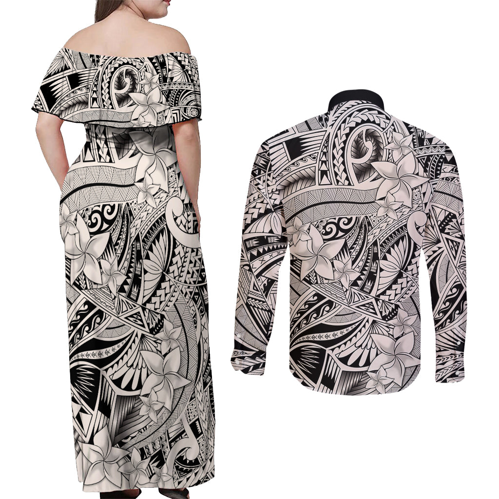 Polynesia Couples Matching Off Shoulder Maxi Dress and Long Sleeve Button Shirt Tribal Polynesian Spirit With Beige Pacific Flowers LT9 - Wonder Print Shop