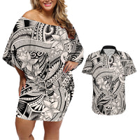 Polynesia Couples Matching Off Shoulder Short Dress and Hawaiian Shirt Tribal Polynesian Spirit With Beige Pacific Flowers LT9 - Wonder Print Shop