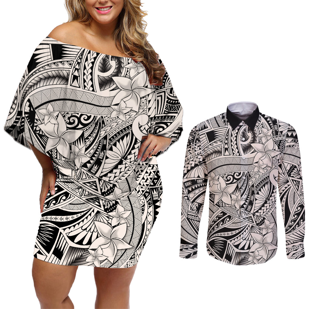 Polynesia Couples Matching Off Shoulder Short Dress and Long Sleeve Button Shirt Tribal Polynesian Spirit With Beige Pacific Flowers LT9 - Wonder Print Shop