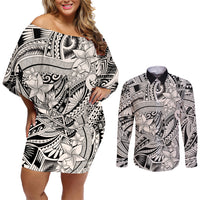 Polynesia Couples Matching Off Shoulder Short Dress and Long Sleeve Button Shirt Tribal Polynesian Spirit With Beige Pacific Flowers LT9 - Wonder Print Shop