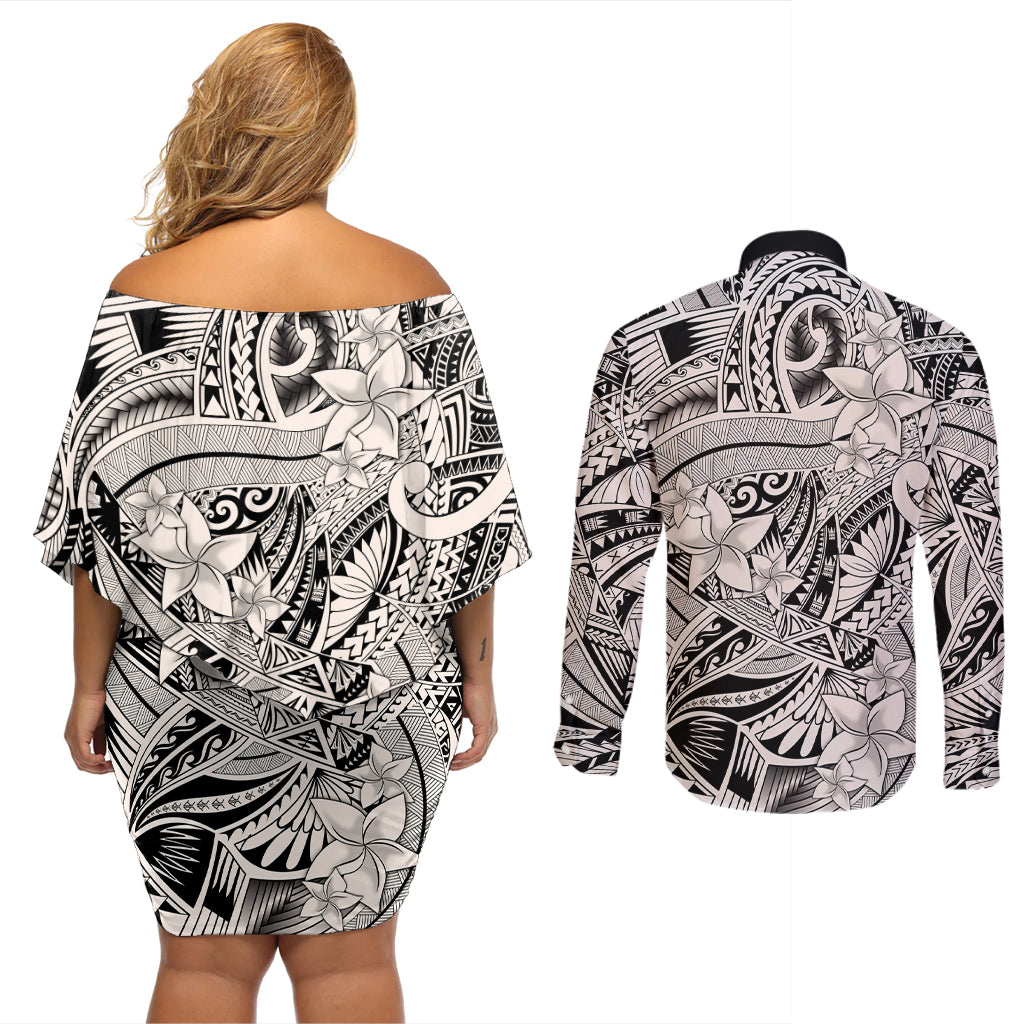Polynesia Couples Matching Off Shoulder Short Dress and Long Sleeve Button Shirt Tribal Polynesian Spirit With Beige Pacific Flowers LT9 - Wonder Print Shop