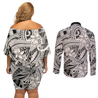 Polynesia Couples Matching Off Shoulder Short Dress and Long Sleeve Button Shirt Tribal Polynesian Spirit With Beige Pacific Flowers LT9 - Wonder Print Shop