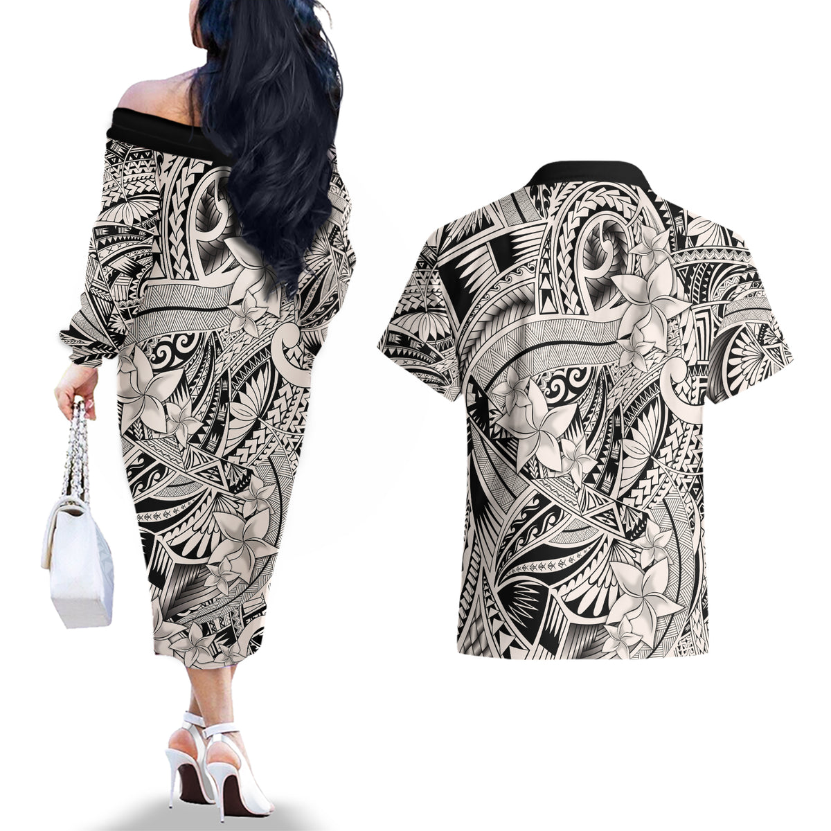 Polynesia Couples Matching Off The Shoulder Long Sleeve Dress and Hawaiian Shirt Tribal Polynesian Spirit With Beige Pacific Flowers LT9 - Wonder Print Shop