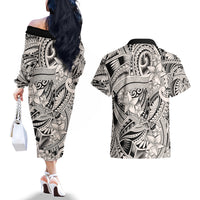 Polynesia Couples Matching Off The Shoulder Long Sleeve Dress and Hawaiian Shirt Tribal Polynesian Spirit With Beige Pacific Flowers LT9 - Wonder Print Shop