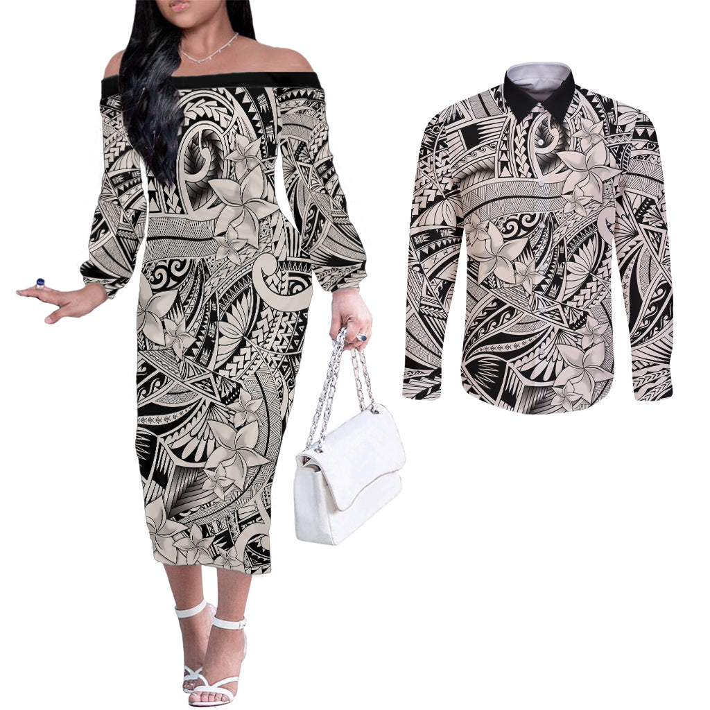 polynesia-couples-matching-off-the-shoulder-long-sleeve-dress-and-long-sleeve-button-shirt-tribal-polynesian-spirit-with-biege-pacific-flowers