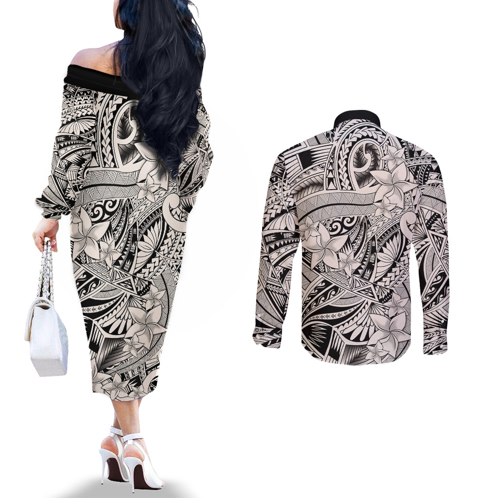 polynesia-couples-matching-off-the-shoulder-long-sleeve-dress-and-long-sleeve-button-shirt-tribal-polynesian-spirit-with-biege-pacific-flowers