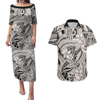 Polynesia Couples Matching Puletasi Dress and Hawaiian Shirt Tribal Polynesian Spirit With Beige Pacific Flowers LT9 - Wonder Print Shop