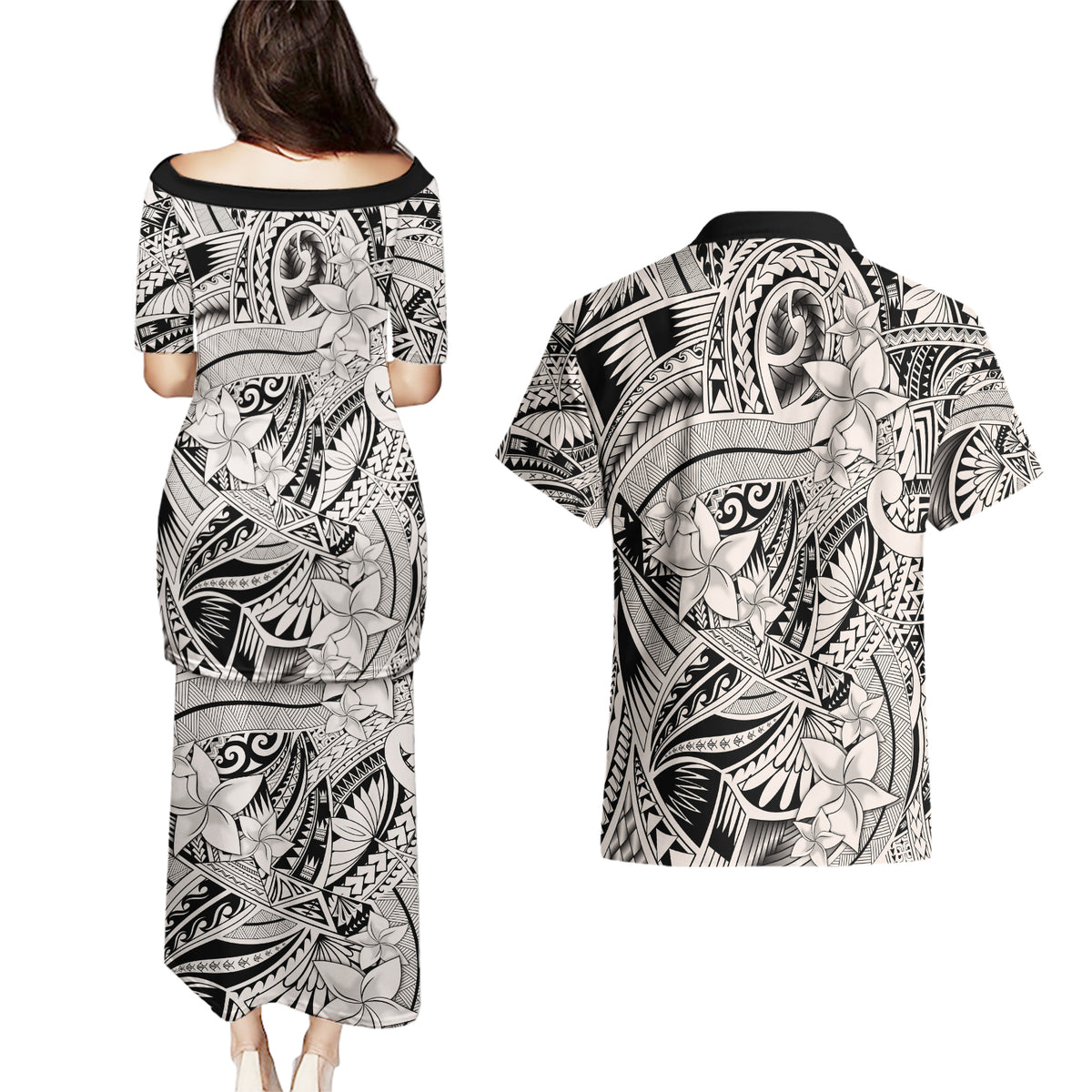 Polynesia Couples Matching Puletasi Dress and Hawaiian Shirt Tribal Polynesian Spirit With Beige Pacific Flowers LT9 - Wonder Print Shop