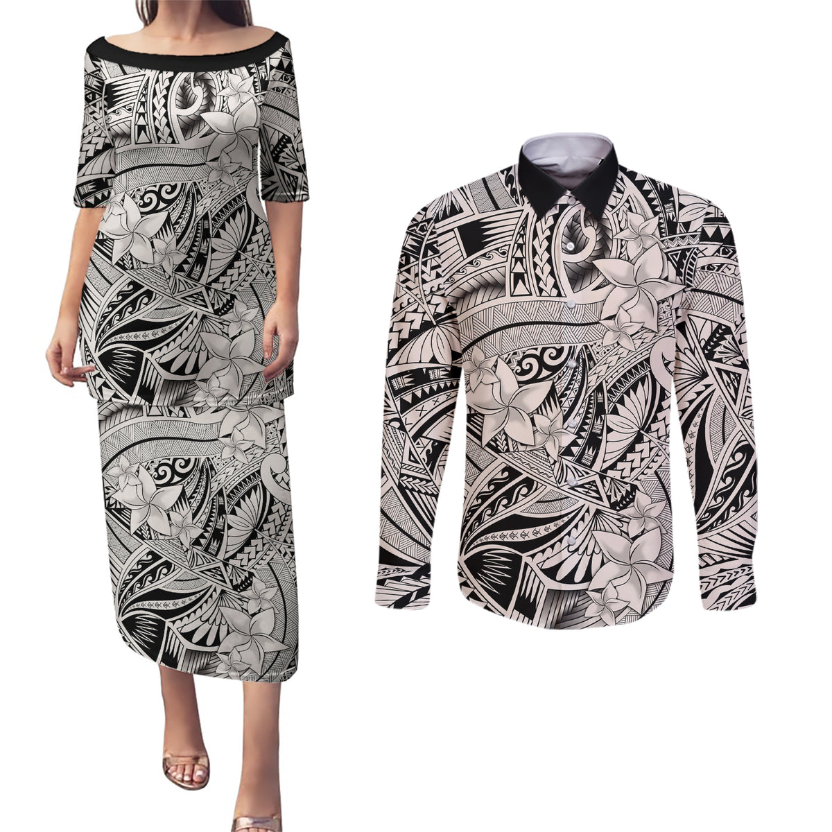 Polynesia Couples Matching Puletasi Dress and Long Sleeve Button Shirt Tribal Polynesian Spirit With Beige Pacific Flowers LT9 - Wonder Print Shop