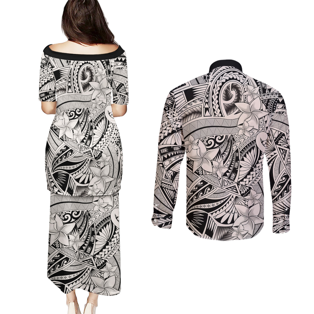 Polynesia Couples Matching Puletasi Dress and Long Sleeve Button Shirt Tribal Polynesian Spirit With Beige Pacific Flowers LT9 - Wonder Print Shop