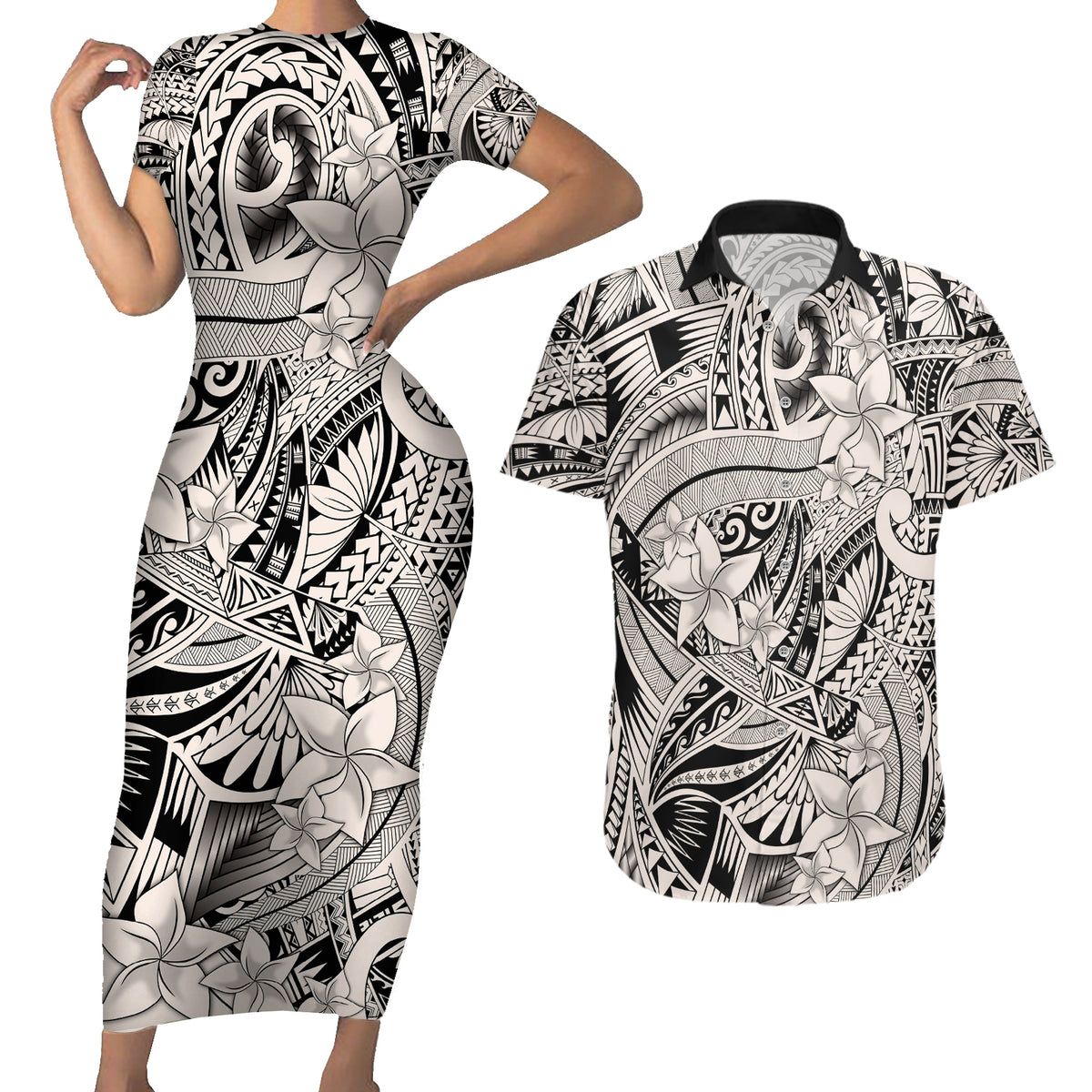 Polynesia Couples Matching Short Sleeve Bodycon Dress and Hawaiian Shirt Tribal Polynesian Spirit With Beige Pacific Flowers LT9 - Wonder Print Shop
