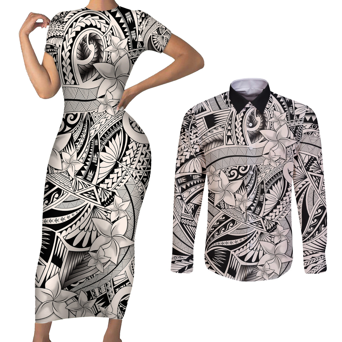 Polynesia Couples Matching Short Sleeve Bodycon Dress and Long Sleeve Button Shirt Tribal Polynesian Spirit With Beige Pacific Flowers LT9 - Wonder Print Shop