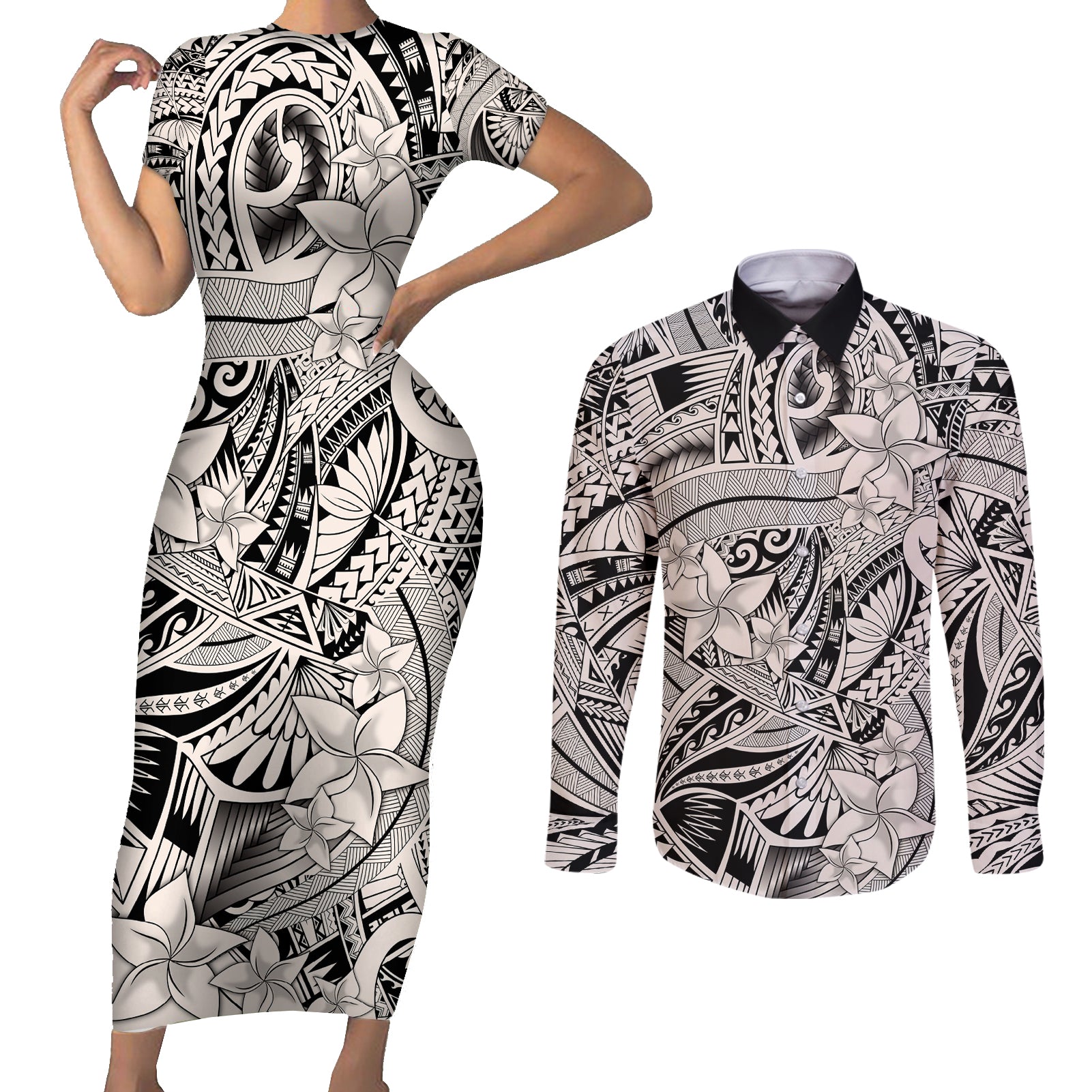 Polynesia Couples Matching Short Sleeve Bodycon Dress and Long Sleeve Button Shirt Tribal Polynesian Spirit With Beige Pacific Flowers LT9 - Wonder Print Shop